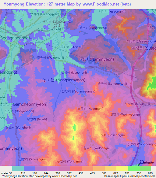 Yonmyong,South Korea Elevation Map