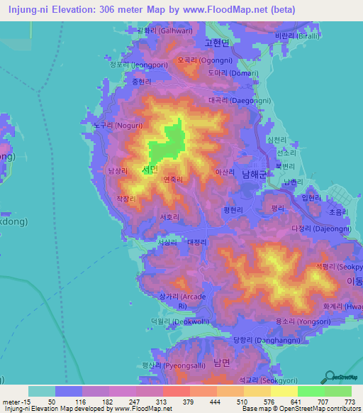 Injung-ni,South Korea Elevation Map