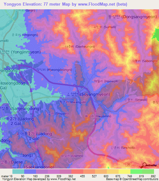 Yongyon,South Korea Elevation Map