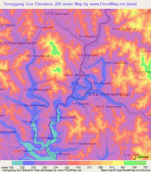 Yeongyang Gun,South Korea Elevation Map