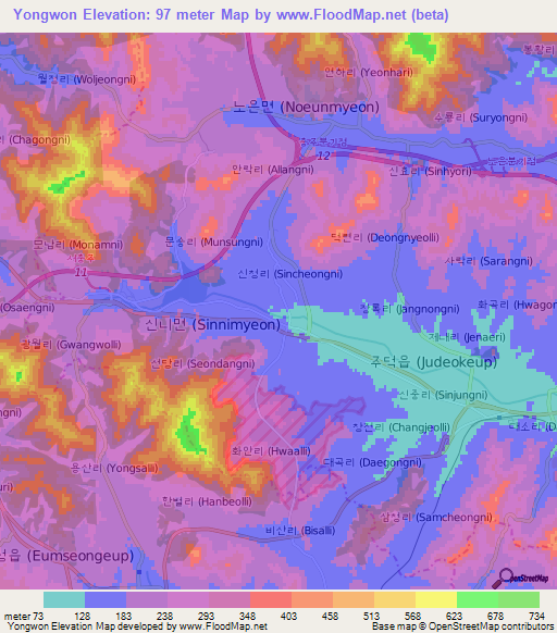 Yongwon,South Korea Elevation Map