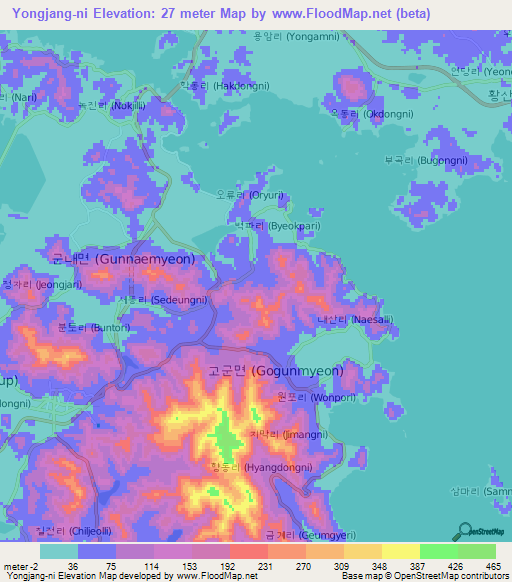 Yongjang-ni,South Korea Elevation Map