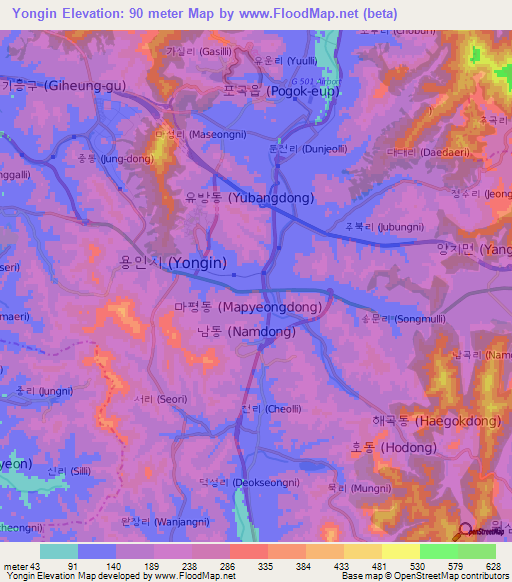 Yongin,South Korea Elevation Map