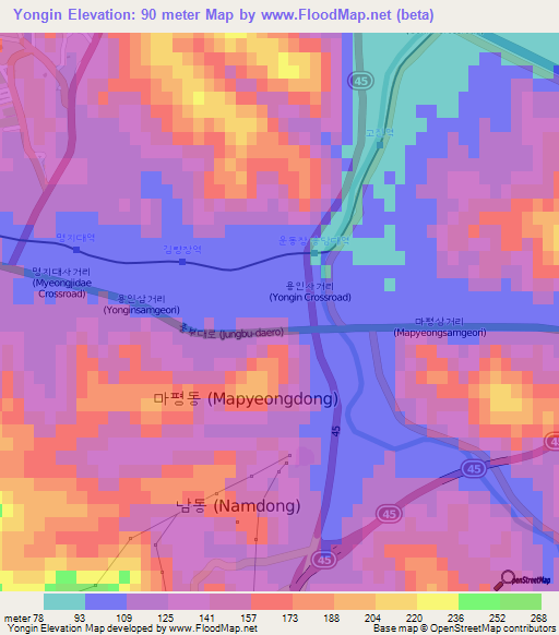 Yongin,South Korea Elevation Map