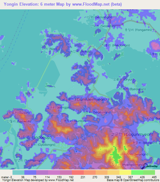 Yongin,South Korea Elevation Map