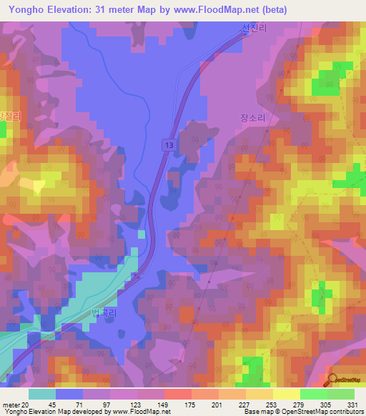 Yongho,South Korea Elevation Map