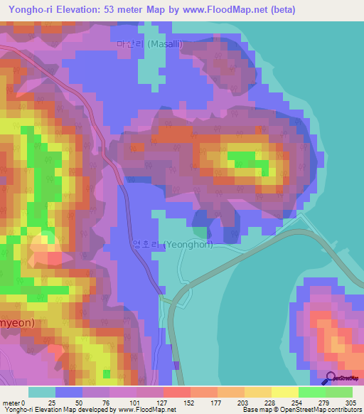 Yongho-ri,South Korea Elevation Map