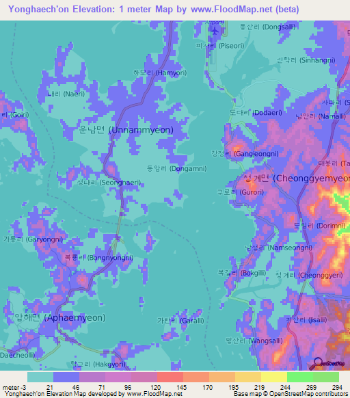 Yonghaech'on,South Korea Elevation Map
