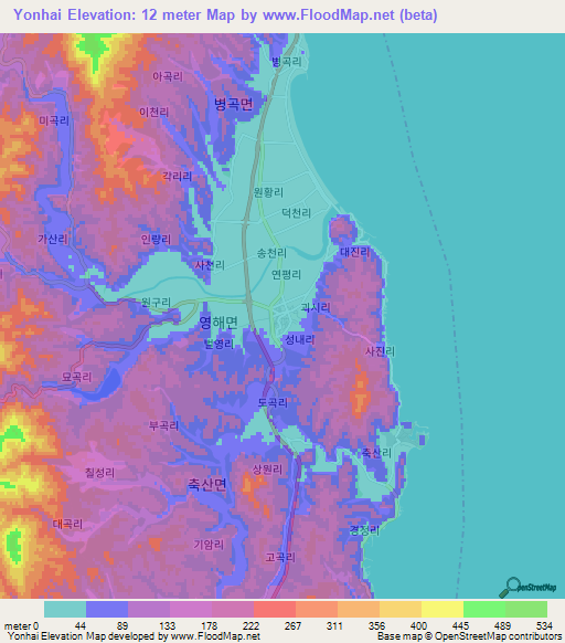 Yonhai,South Korea Elevation Map