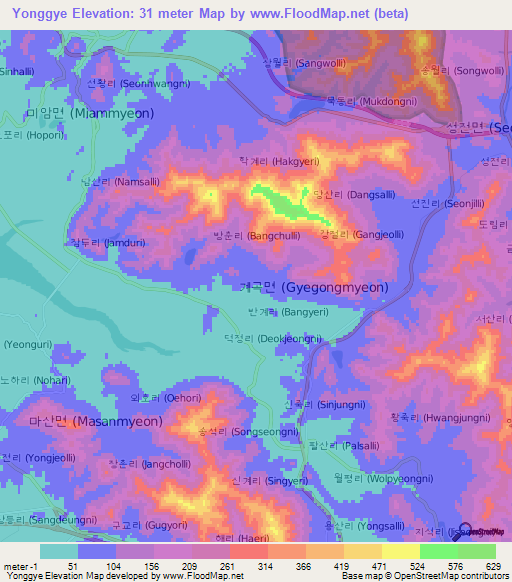 Yonggye,South Korea Elevation Map