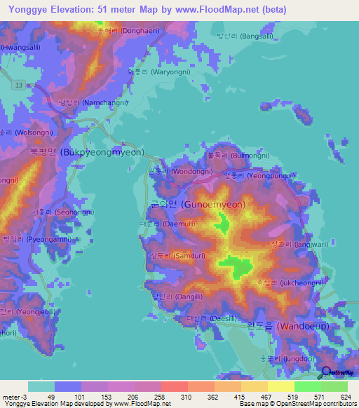 Yonggye,South Korea Elevation Map