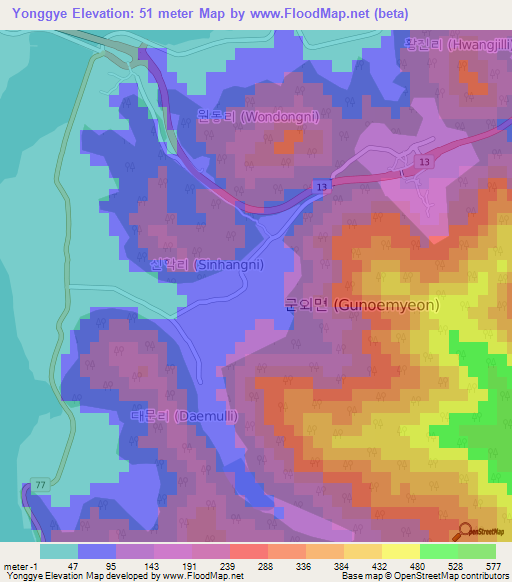 Yonggye,South Korea Elevation Map