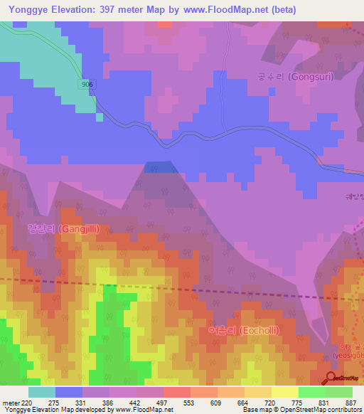 Yonggye,South Korea Elevation Map