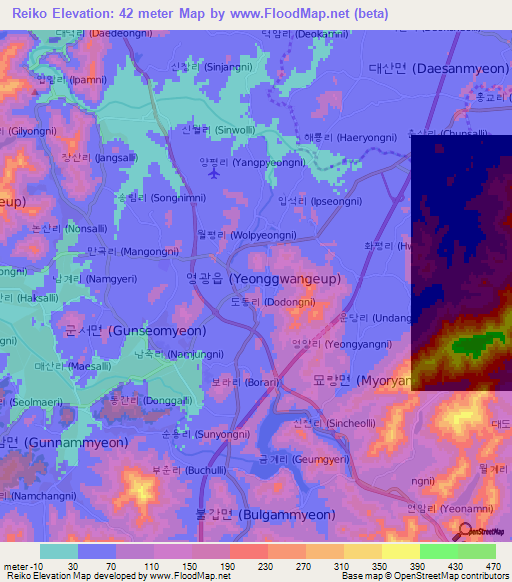 Reiko,South Korea Elevation Map