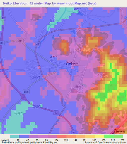 Reiko,South Korea Elevation Map