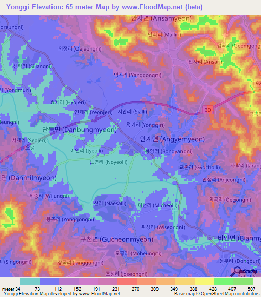 Yonggi,South Korea Elevation Map