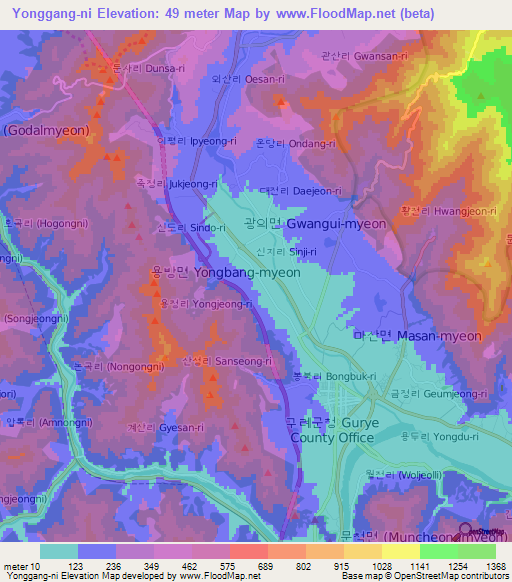 Yonggang-ni,South Korea Elevation Map