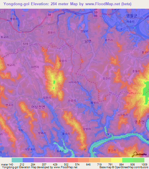 Yongdong-gol,South Korea Elevation Map