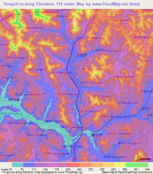 Yongch'on-dong,South Korea Elevation Map