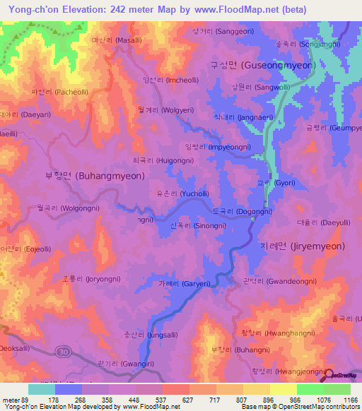 Yong-ch'on,South Korea Elevation Map