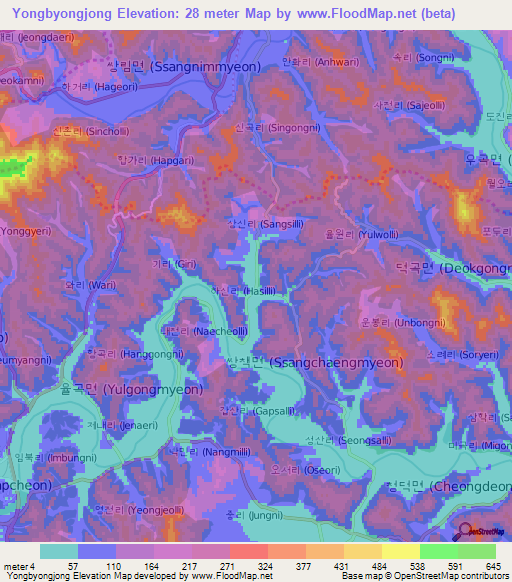 Yongbyongjong,South Korea Elevation Map