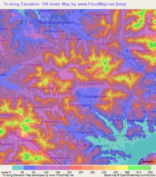 To-dong,South Korea Elevation Map