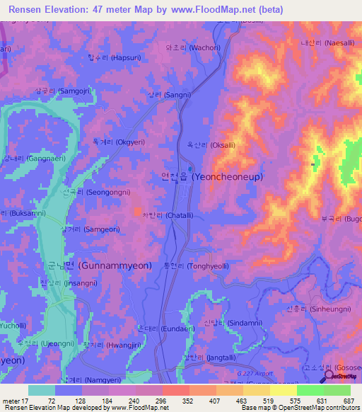 Rensen,South Korea Elevation Map