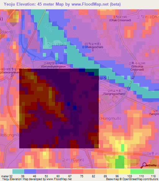 Yeoju,South Korea Elevation Map