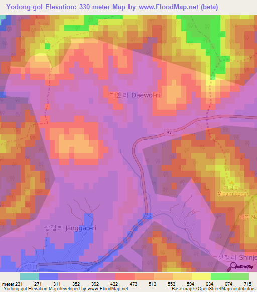 Yodong-gol,South Korea Elevation Map