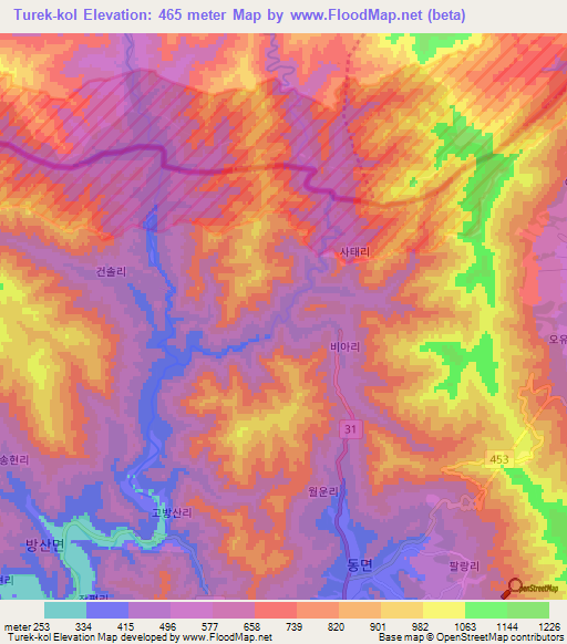 Turek-kol,South Korea Elevation Map