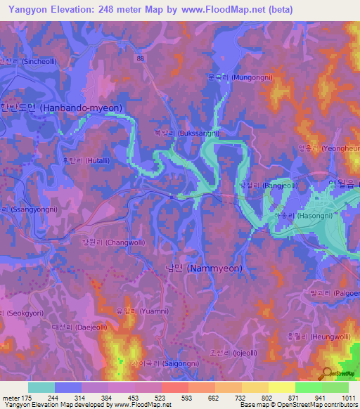 Yangyon,South Korea Elevation Map