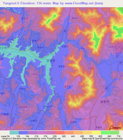 Yangmul-li,South Korea Elevation Map