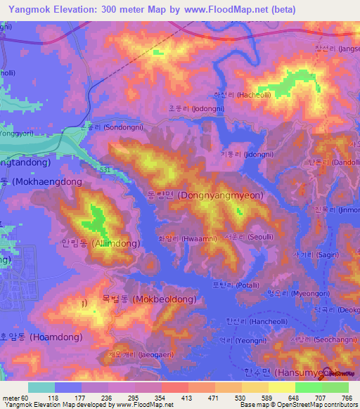 Yangmok,South Korea Elevation Map