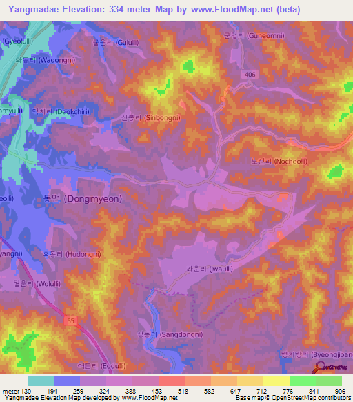 Yangmadae,South Korea Elevation Map