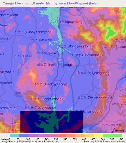 Yangju,South Korea Elevation Map