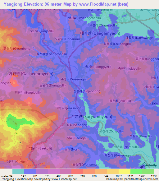 Yangjong,South Korea Elevation Map