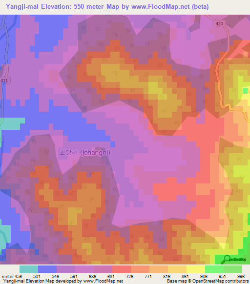 Yangji-mal,South Korea Elevation Map