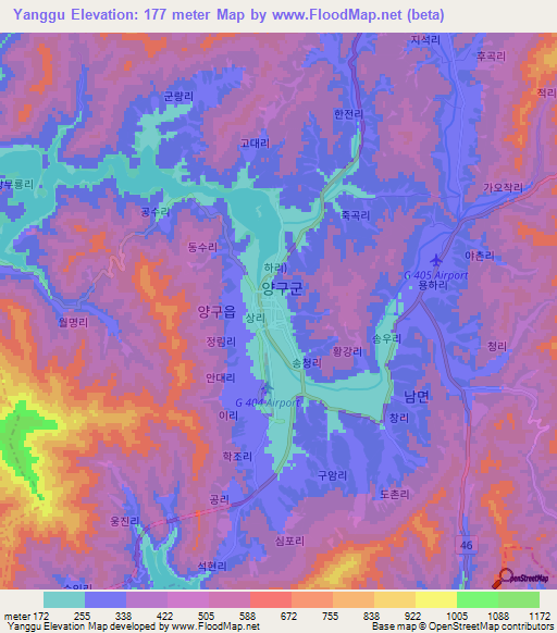 Yanggu,South Korea Elevation Map