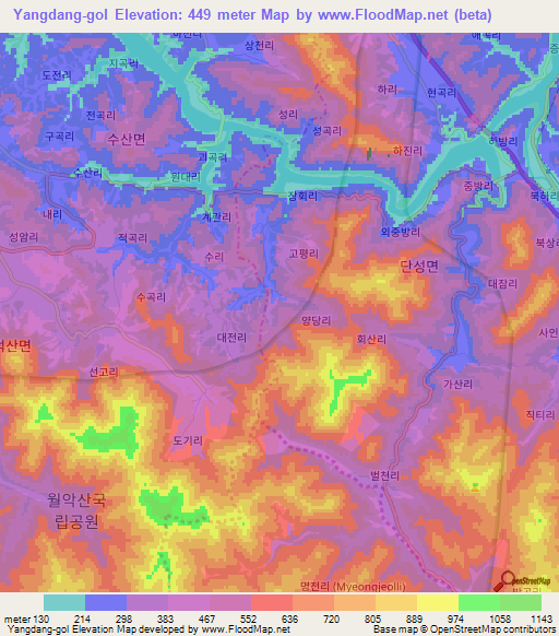 Yangdang-gol,South Korea Elevation Map