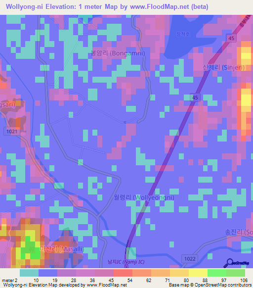 Wollyong-ni,South Korea Elevation Map