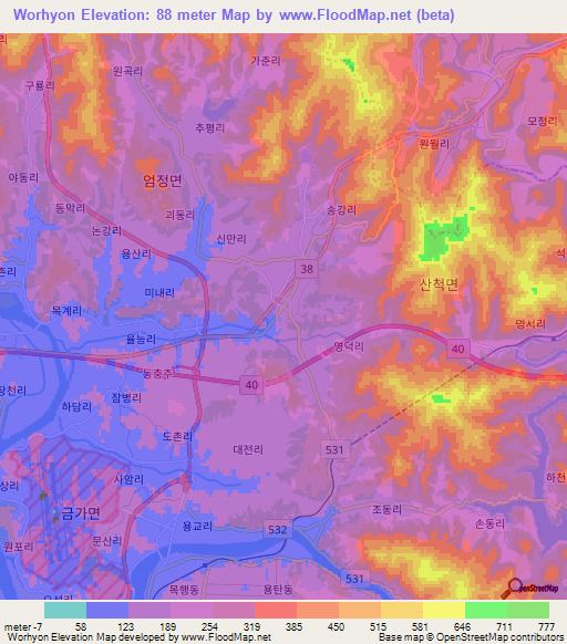 Worhyon,South Korea Elevation Map