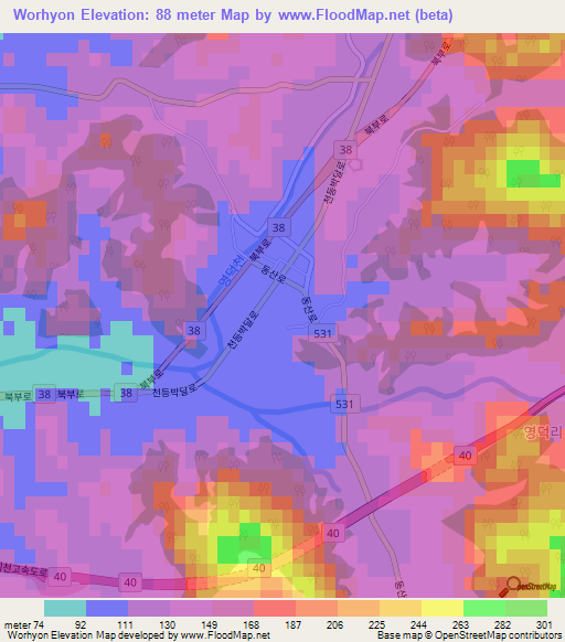 Worhyon,South Korea Elevation Map