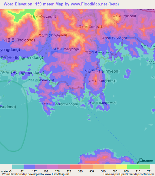 Wora,South Korea Elevation Map