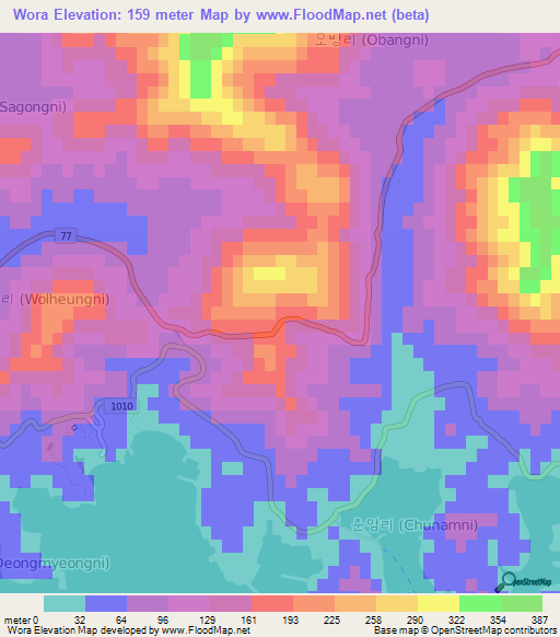 Wora,South Korea Elevation Map