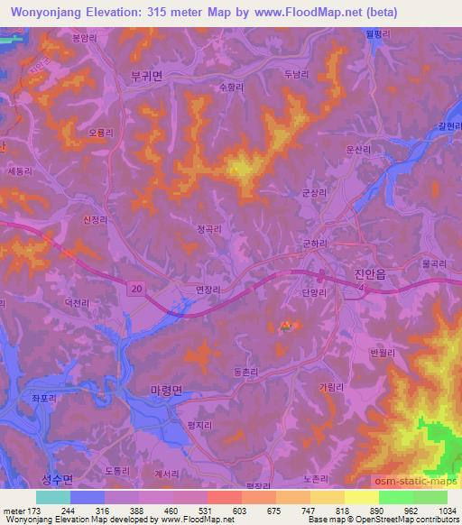 Wonyonjang,South Korea Elevation Map