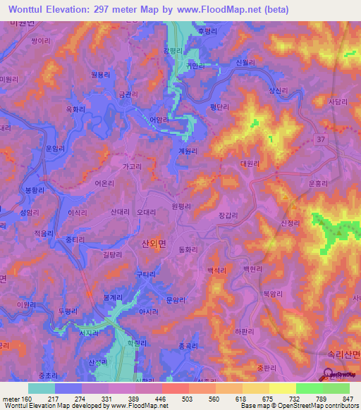 Wonttul,South Korea Elevation Map