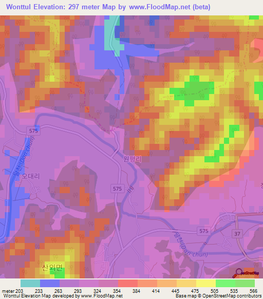 Wonttul,South Korea Elevation Map