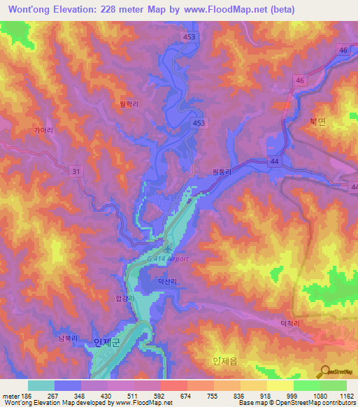 Wont'ong,South Korea Elevation Map