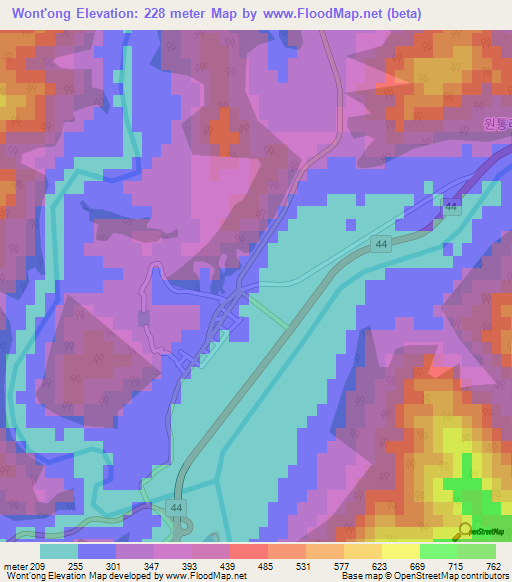 Wont'ong,South Korea Elevation Map