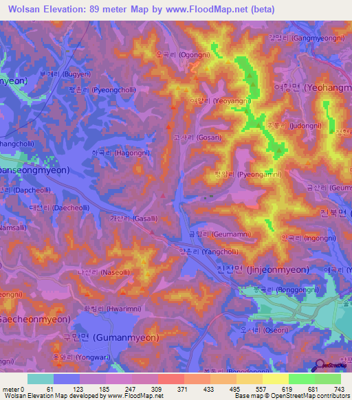 Wolsan,South Korea Elevation Map